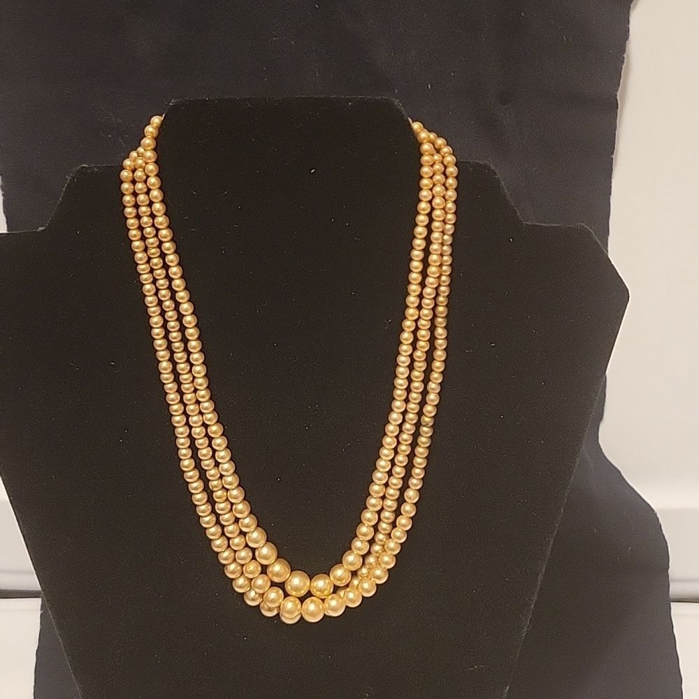 Vintage Sterling Triple Strand Beige Pearl Faux? Necklace - 15 in